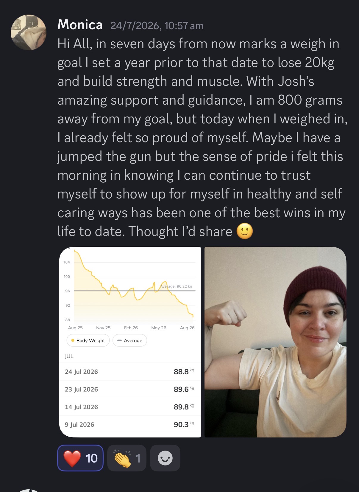 Monica sharing her personal milestone in Discord