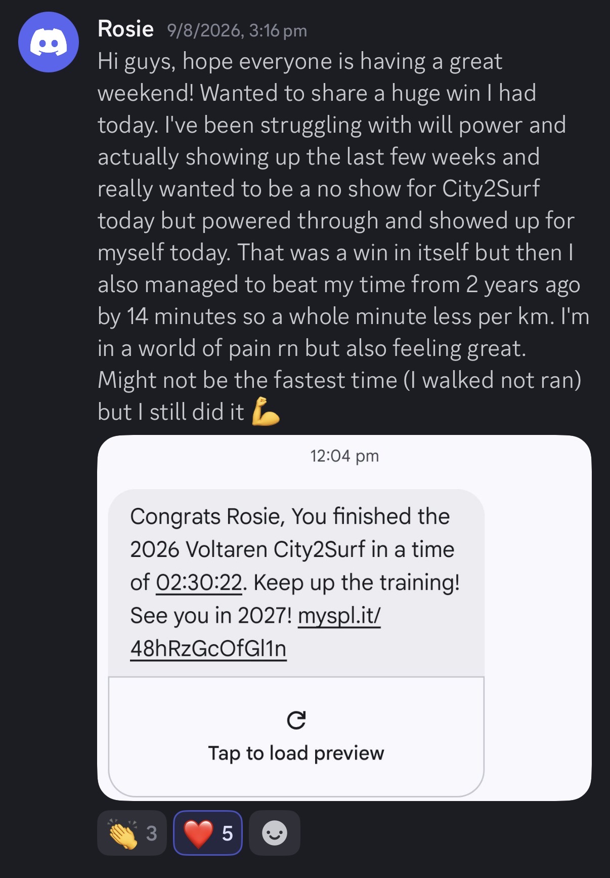 Rosie sharing her City2Surf achievement in the coaching community